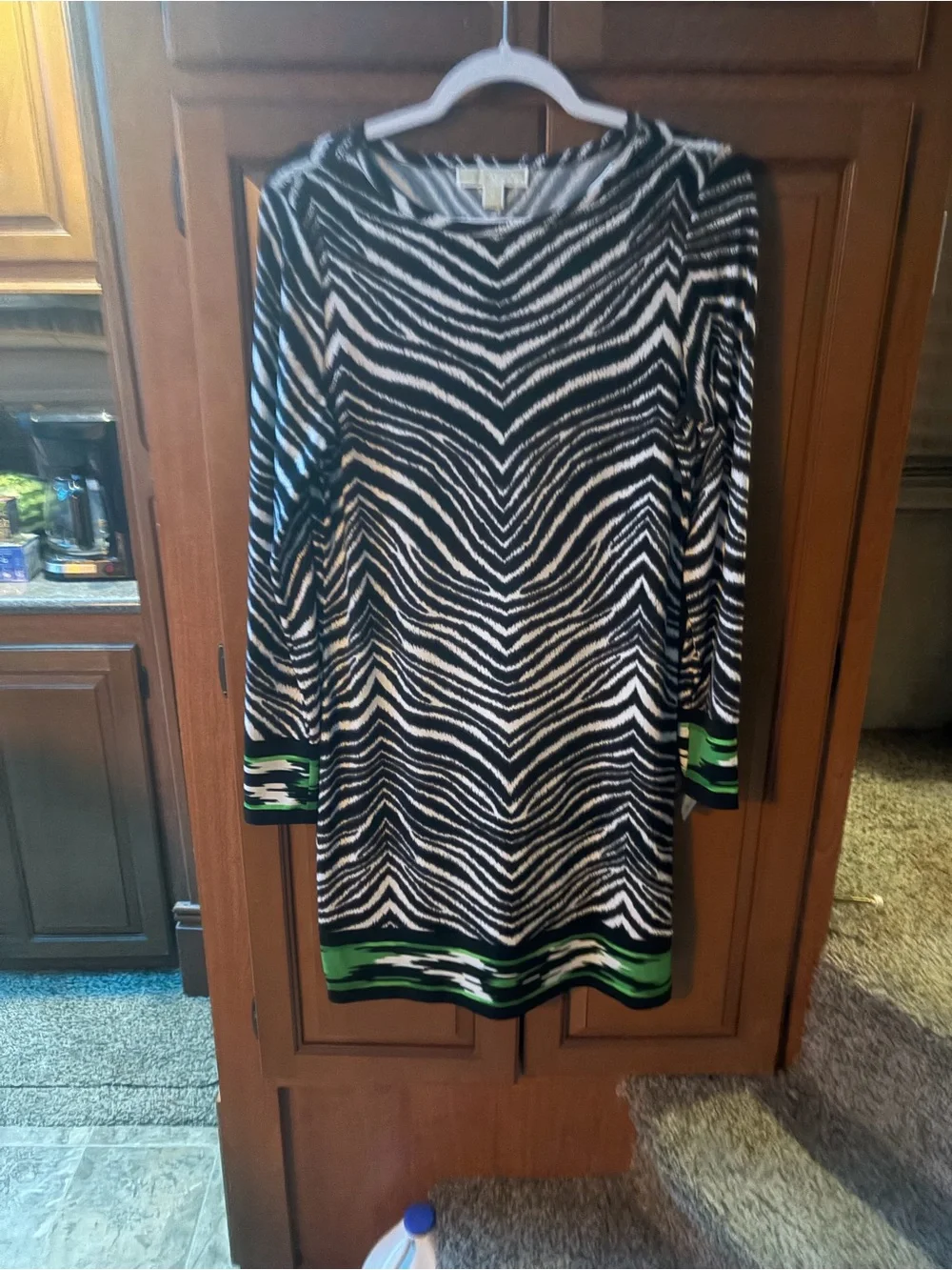 Michael Kors Black and White Zebra-Print Long Sleeve Dress with Green Trim